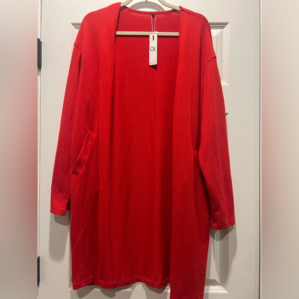 OUGES Red Women's Open Cardigan, pockets, NWT, Size: L